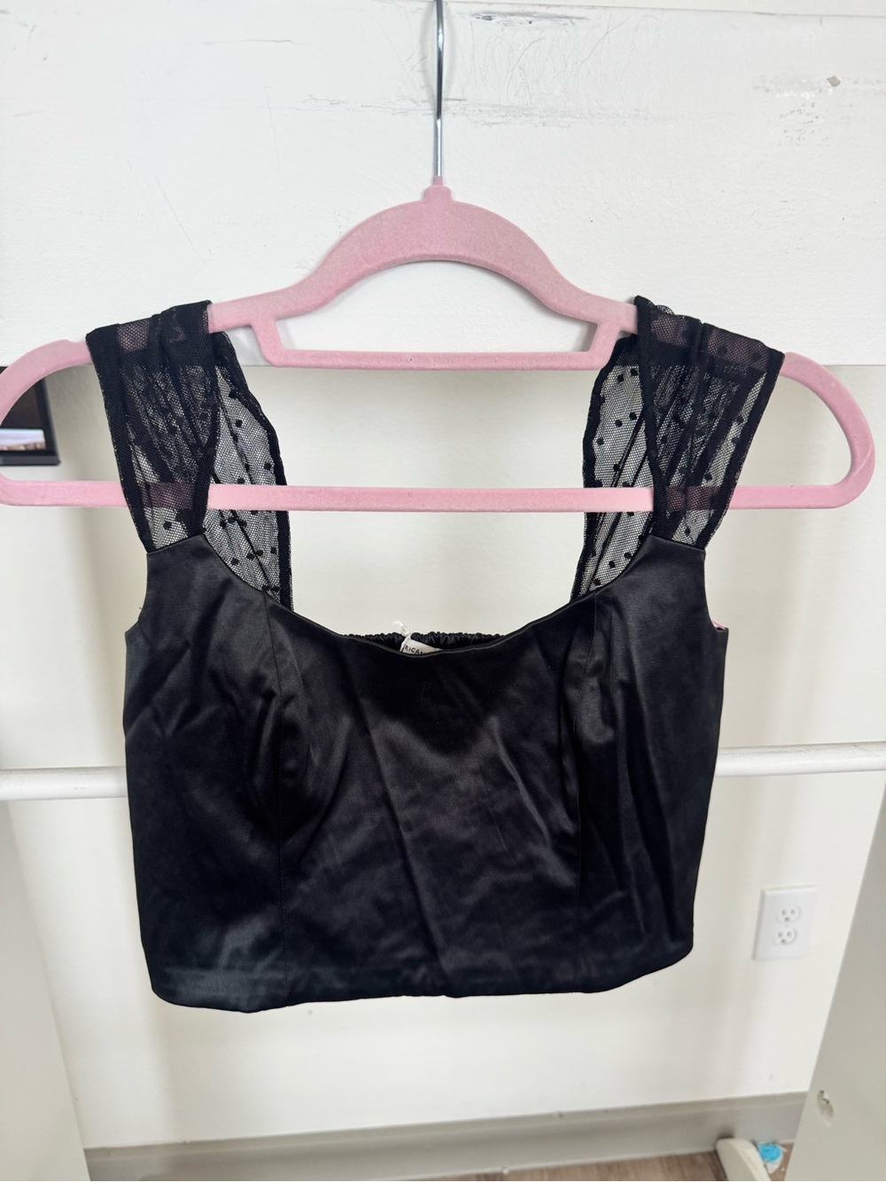 American Eagle Outfitters Black Satin Crop Top with Lace-Strap Detail